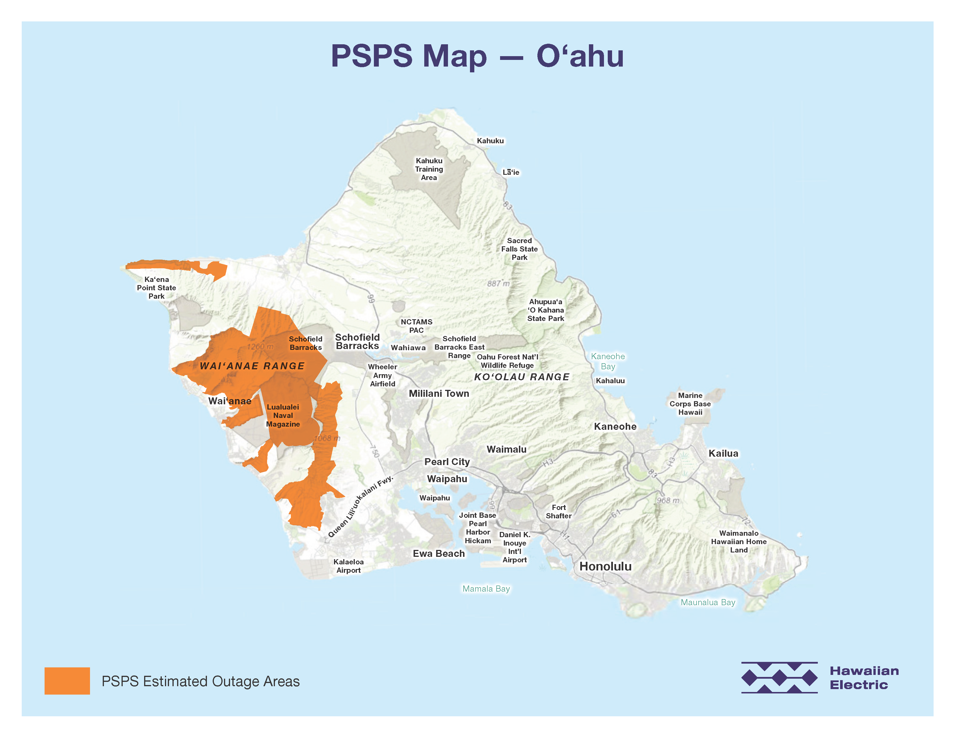 On Oahu, the PSPS program will affect the following areas: Waianae, Makaha, Nanakuli, Maili, and Kaena Point (approximately 2,700 HECO customers)