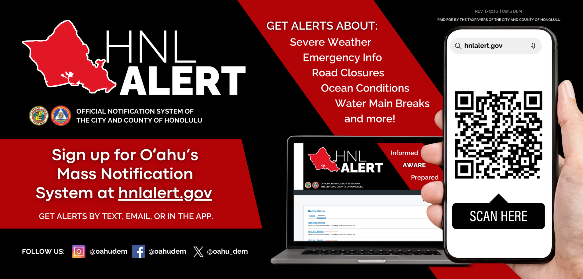 HNL Alert information banner with logo, sign up for Oahu's mass notification system alerts and qr code