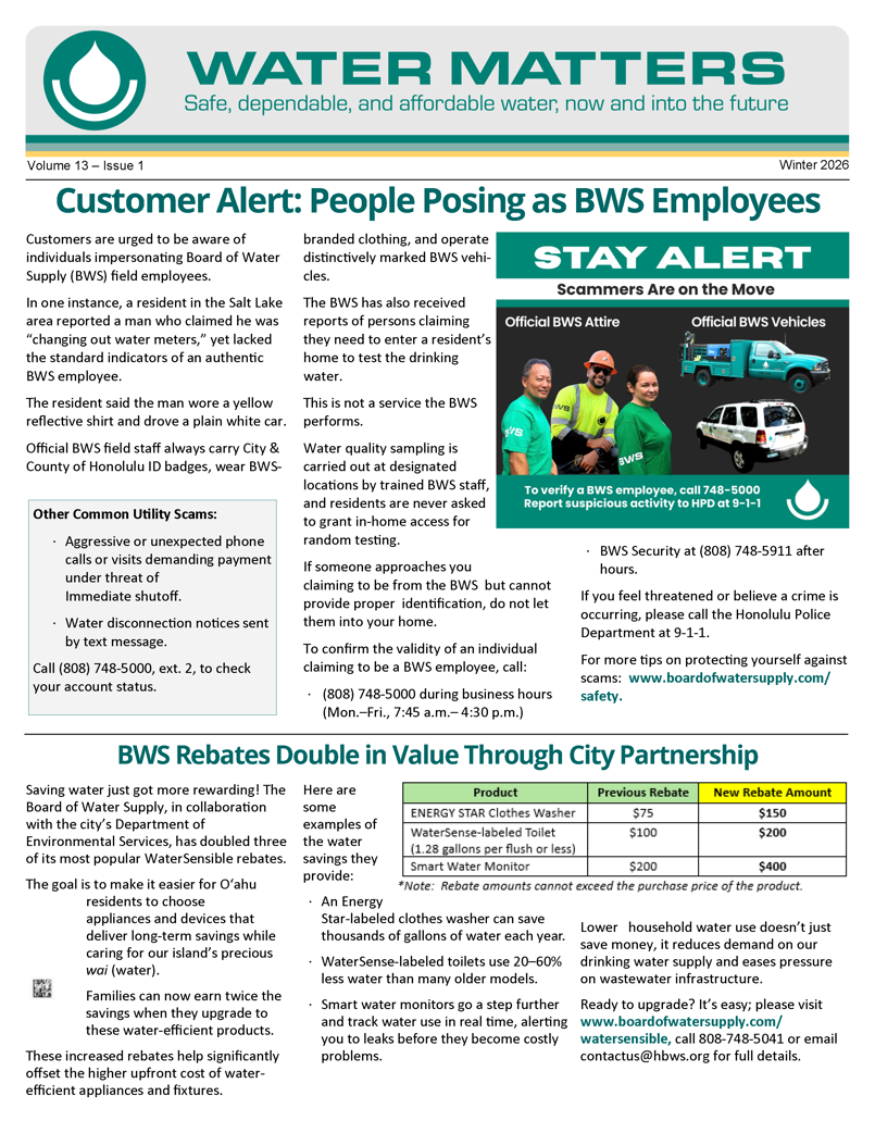 Water Matters customer newsletter for Winter 2026. Topics include customer vigilance against scams and the increasing of rebate values through a city partnership