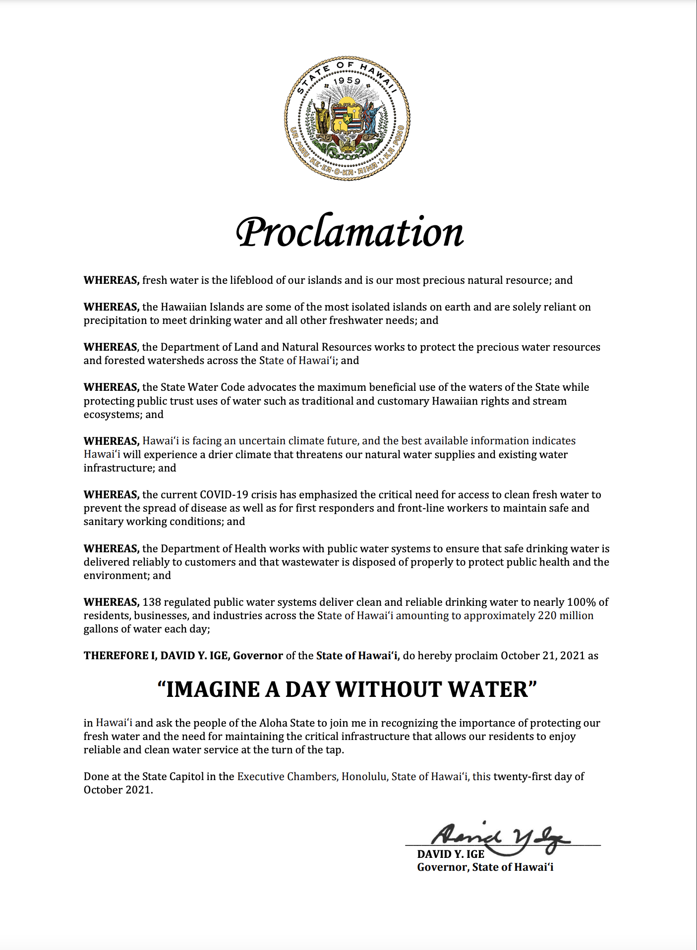 governor david ige imagine a day without water proclamation